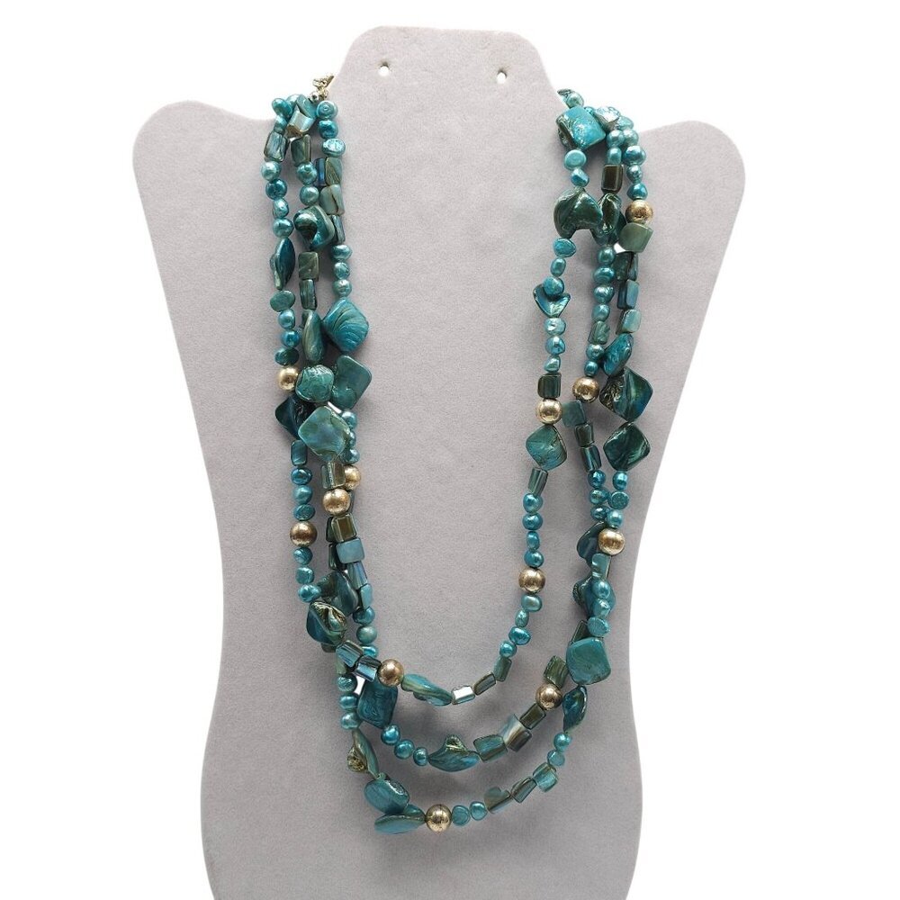 Turquoise Blue Abalone Multi Strand Faux Pearl Shell Statement Necklace